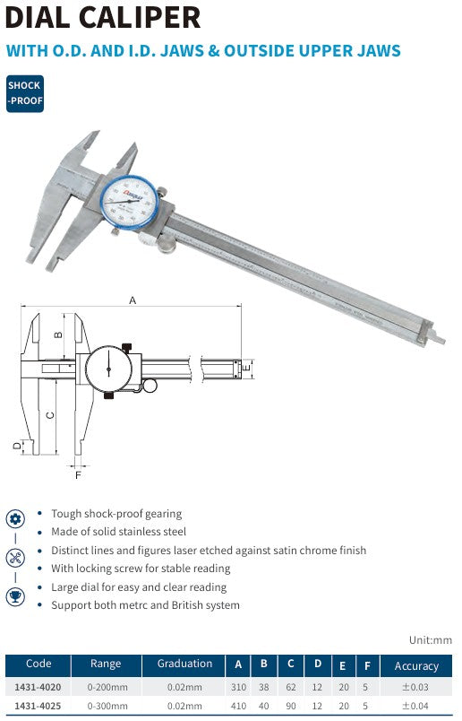 DIAL CALIPER WITH OD & ID JAWS & OUT SIDE UPPER JAWS