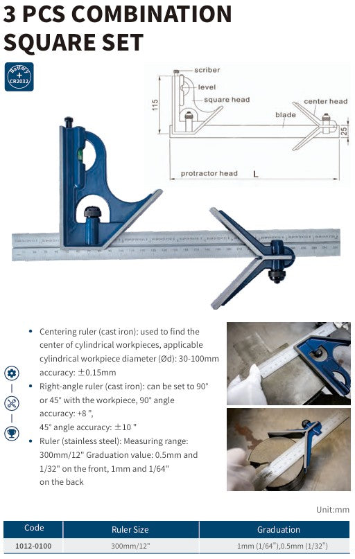 3‑Piece Combination Square Set – 300 mm / 12"
