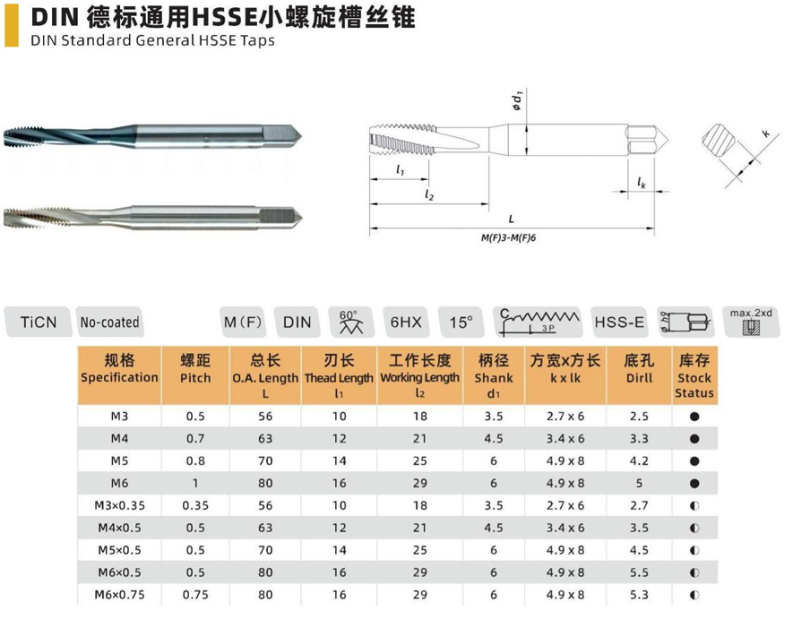 DIN Standard General HSS-E 15° Spiral Flute Tap - M3 to M6x0.75