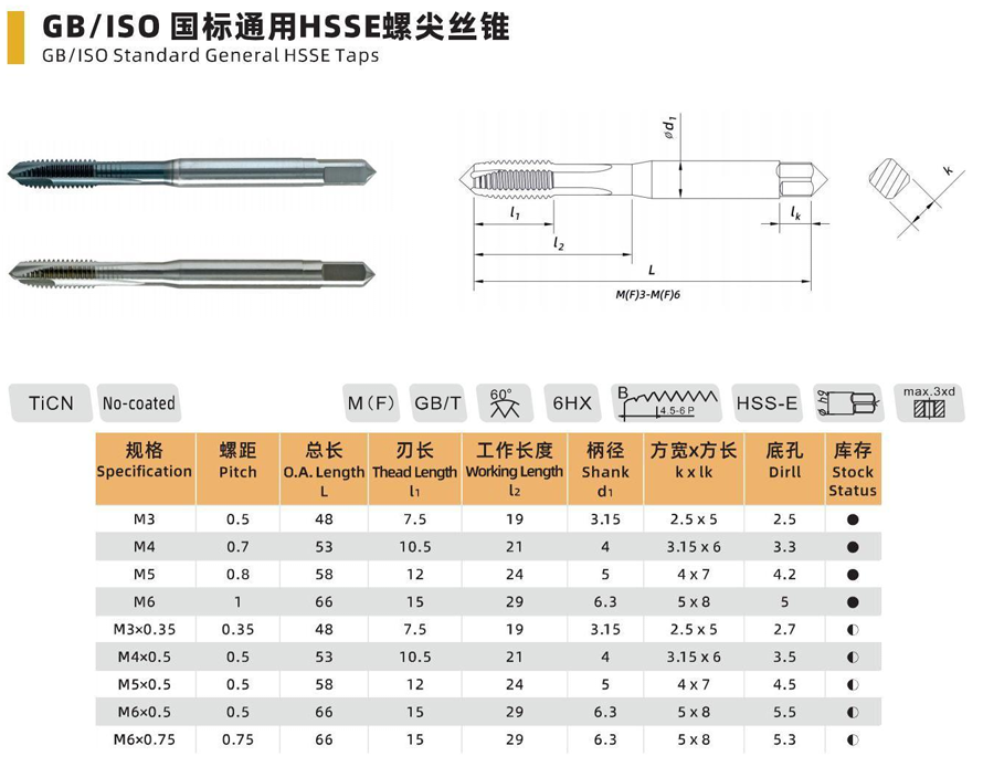 GB/ISO Standard General HSSE Spiral Point Tap - M3 to M6x0.75