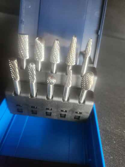 10 Piece Carbide Burr Set – Double Cut, 6mm Shank  Mixed Shapes for Steel & Stainless