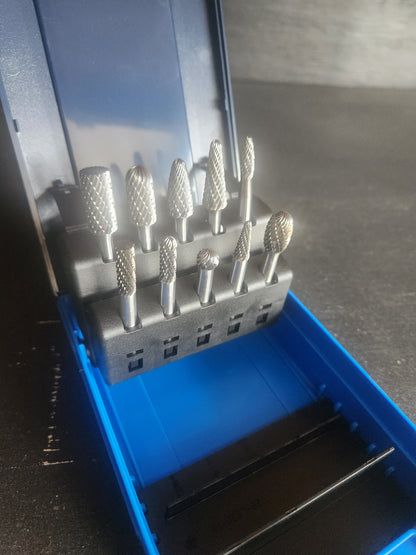 10 Piece Carbide Burr Set – Double Cut, 6mm Shank  Mixed Shapes for Steel & Stainless