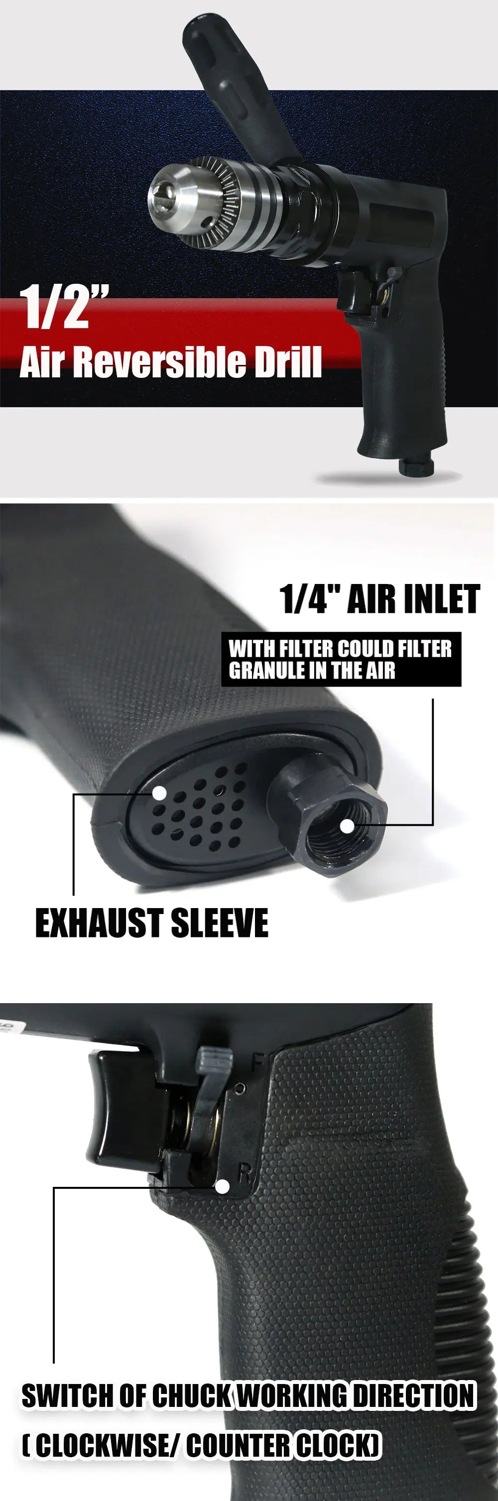 1/2" Air Drive Reversible Pneumatic Drill Gun with Handle