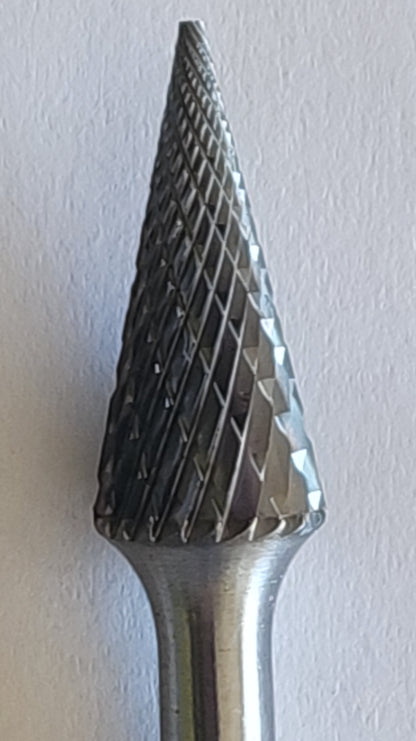 SM61225 – 12mm Pointed Cone Burr, 6mm Shank  Double Cut for Steel & Stainless