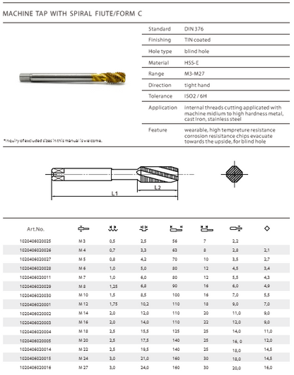 GSR Spiral Flute Tap – M16 x 2.00  HSS-E  TiN Coated  DIN 376
