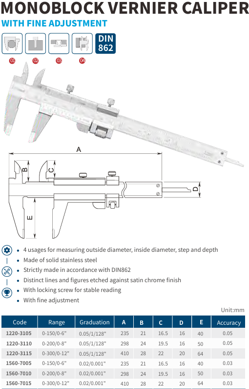 Monoblock Vernier Caliper With Fine Adjustment