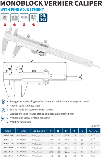 Monoblock Vernier Caliper With Fine Adjustment