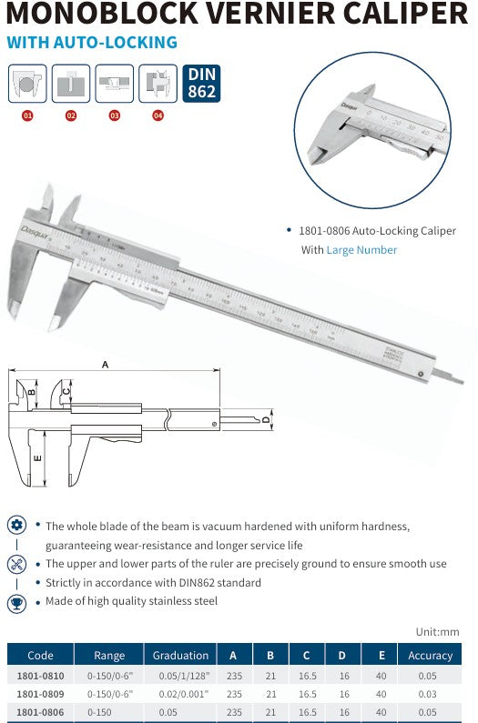 MONOBLOCK VERNIER CALIPER WITH FINE ADJUSTMENT
