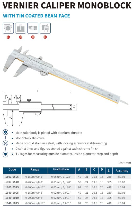MONOBLOCK VERNIER CALIPER WITH TIN COATED BEAM FACE