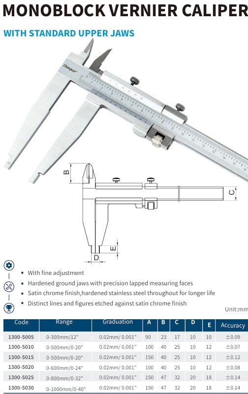 MONOBLOCK VERNIER CALIPER WITH STANDARD UPPER JAWS