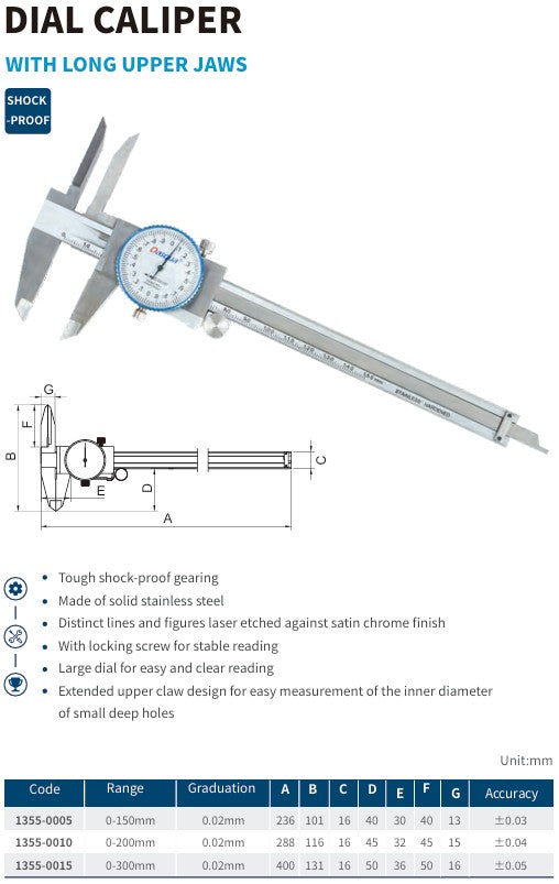 DIAL CALIPER WITH LONG UPPER JAWS