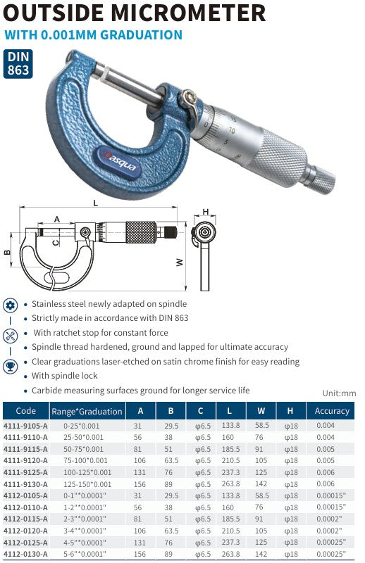 OUTSIDE MICROMETER WITH 0.001 mm GRADUATION