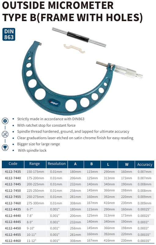 OUTSIDE MICROMETER TYPE B (FRAME WITH HOLES)