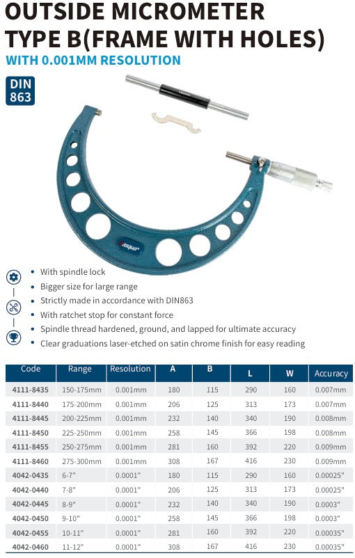 OUTSIDE MICROMETER TYPE B (FRAME WITH HOLES) 0.001 mm RESOLUTION