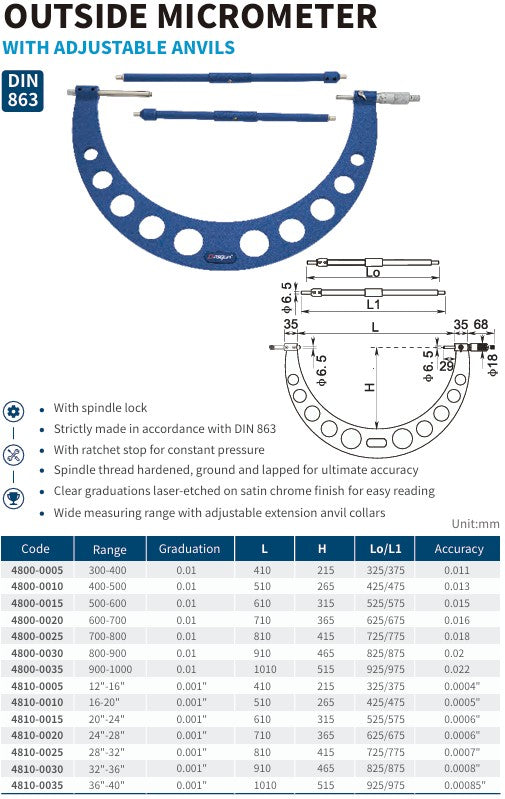 OUTSIDE MICROMETER WITH ADJUSTABLE ANVILS