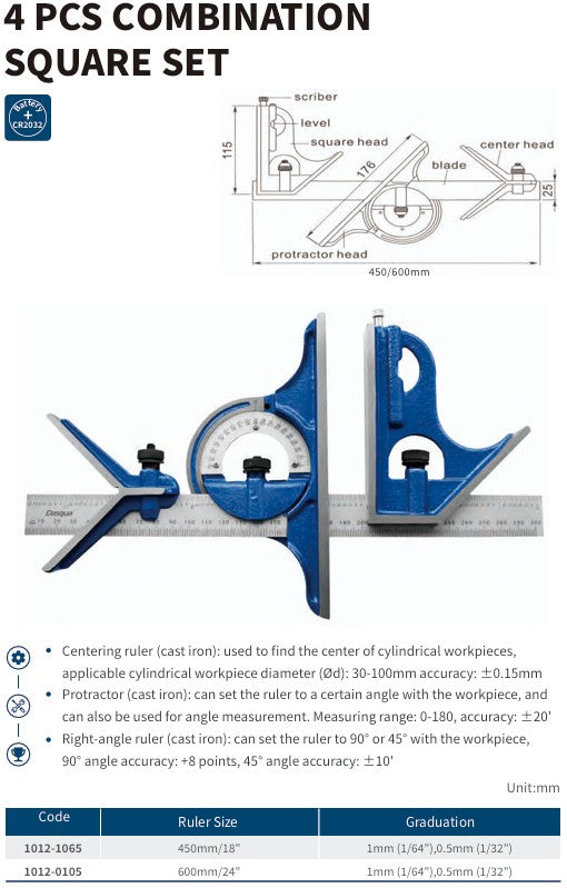 4‑Piece Combination Square Set – 450 mm / 18" or 600 mm / 24"