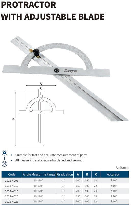 Protractor with Adjustable Blade – Stainless Steel (10–170°)