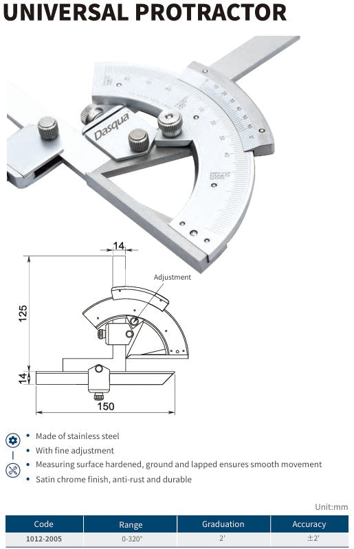 Universal Protractor – Stainless Steel (0–320°)