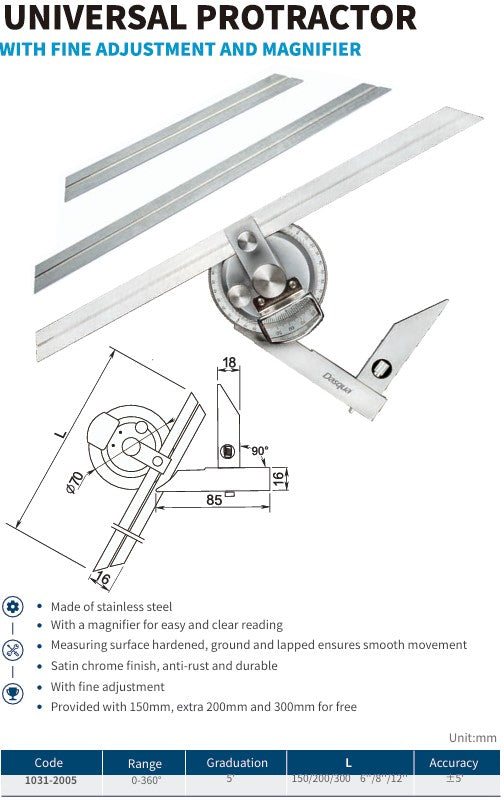 Universal Protractor with Fine Adjustment & Magnifier – Stainless Steel (0–360°