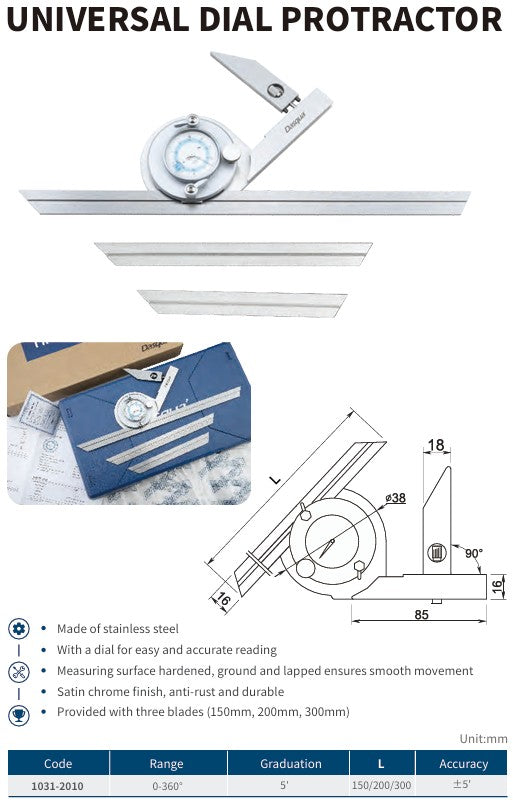 Universal Dial Protractor – Stainless Steel (0–360°)