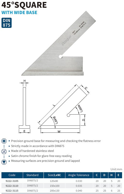 45° Square with Wide Base – Hardened Stainless Steel