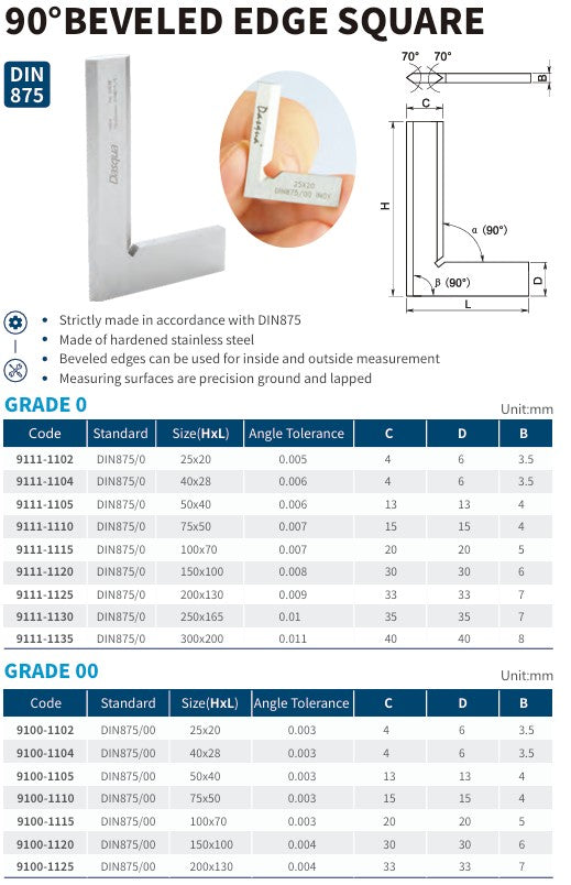 90° Beveled Edge Square – Hardened Stainless Steel (DIN 875)