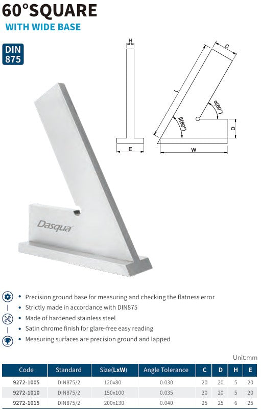 60° Square with Wide Base – Hardened Stainless Steel (DIN 875/2)