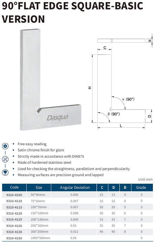 90° Flat Edge Square – Hardened Stainless Steel (DIN 875)