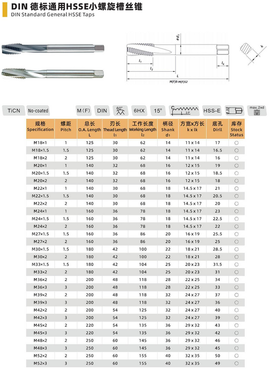 DIN Standard General HSS-E 15° Spiral Flute Tap - M8 to M52x3