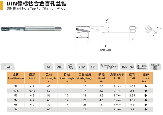 DIN Blind Hole Tap for Titanium Alloy HSS-PM - M2 to M12