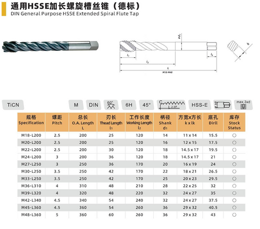 DIN General Purpose HSS-E Extended Spiral Flute Tap - M18-L200 to M48-L360