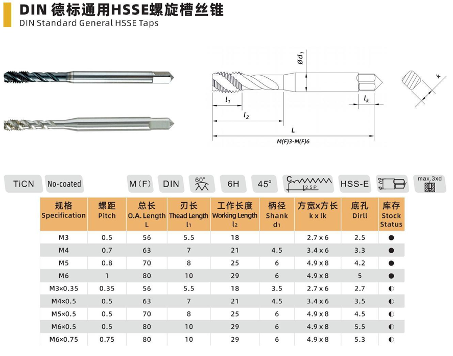 DIN Standard General HSS-E Spiral Flute Tap - M3 to M6x0.75