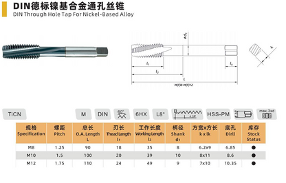 DIN Through Hole Tap for Nickel-Based Alloy HSS-PM - M2 to M12
