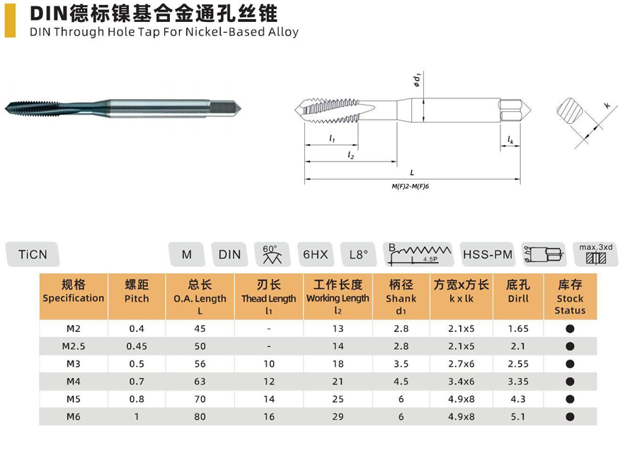 DIN Through Hole Tap for Nickel-Based Alloy HSS-PM - M2 to M12