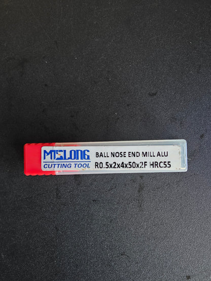 Solid Carbide Ball Nose Endmill — R0.5×2×4×50×2F (HRC55, Polished)