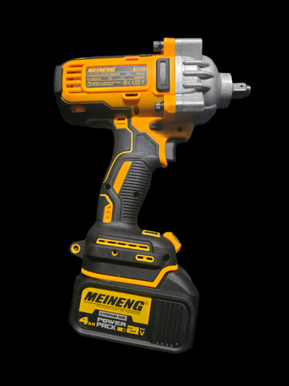 Yellow and black cordless impact driver on a dark gray background