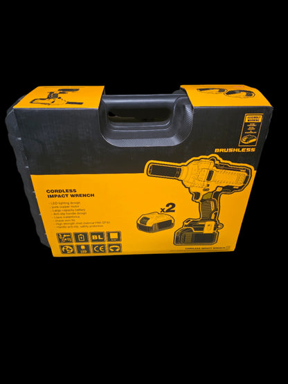 Yellow and black tool box with a cordless impact wrench on a dark surface